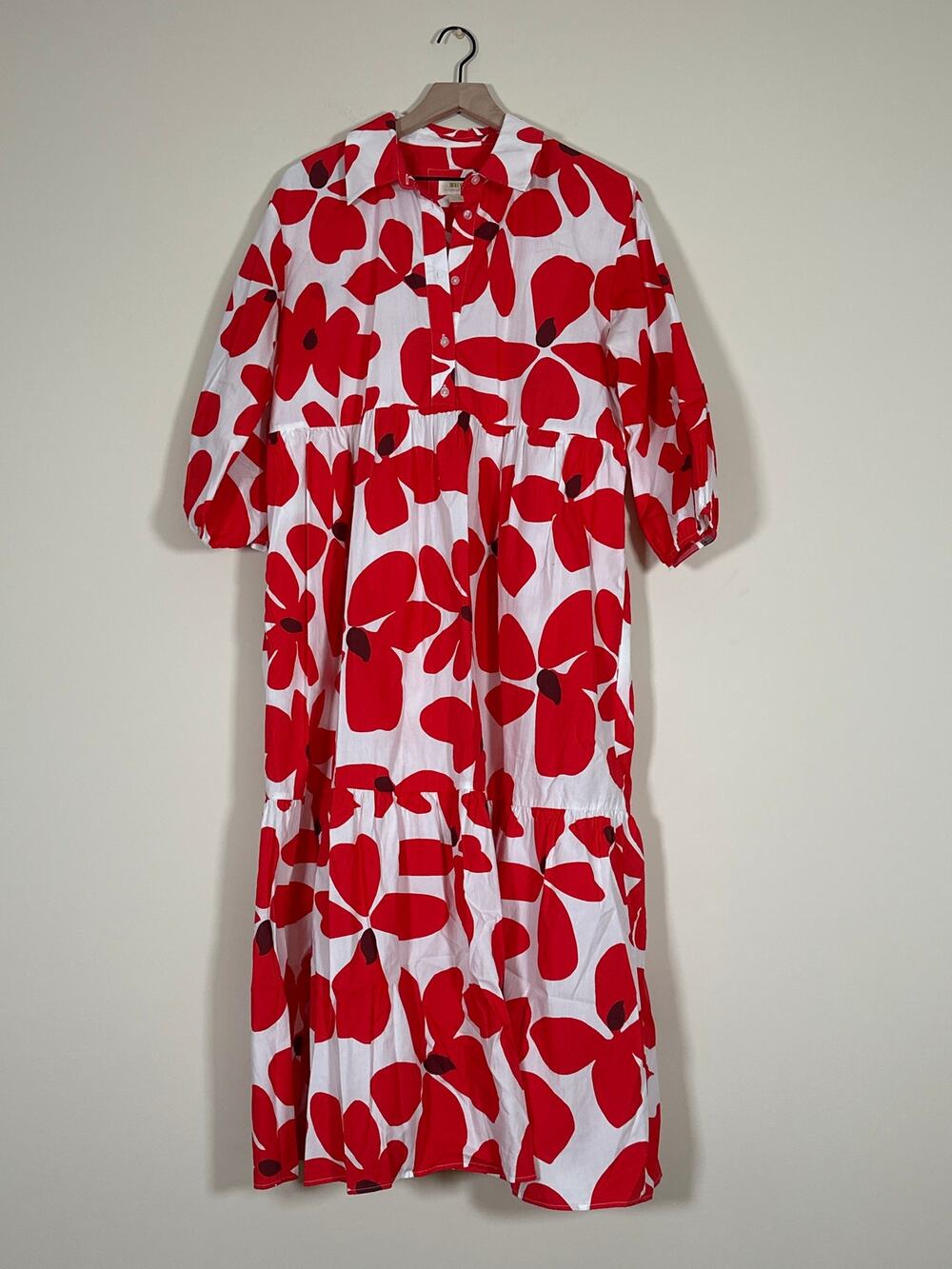 Anthropologie Maeve Bettina Tiered Maxi Dress Red White Floral Large Petite LP